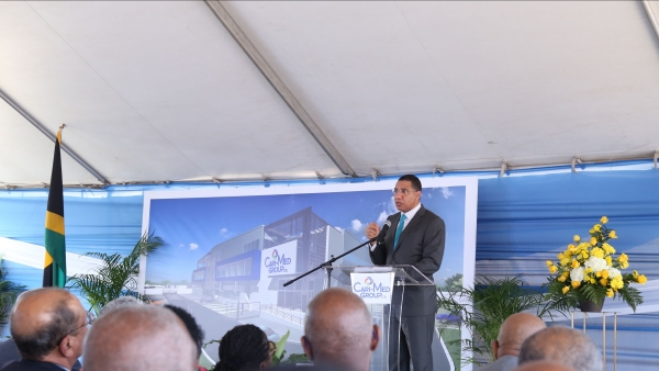 The Most Hon Andrew Holness, Prime Minister addressing the ground-breaking ceremony for the Cari-Med Group Distribution Centre in Bernard Lodge, St. Catherine. 