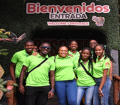 From back: University of the West Indies, Mona's, Donniver Haughton, Kevaughn Williams, Brandon Sadler  Front Left: Gawayne Wright, University of Technology's, Renae Campbell, Brianna Hanson and Dahlia Richards at the Rescate Wildlife Rescue Center La Garita, Costa Rica on Saturday October 14