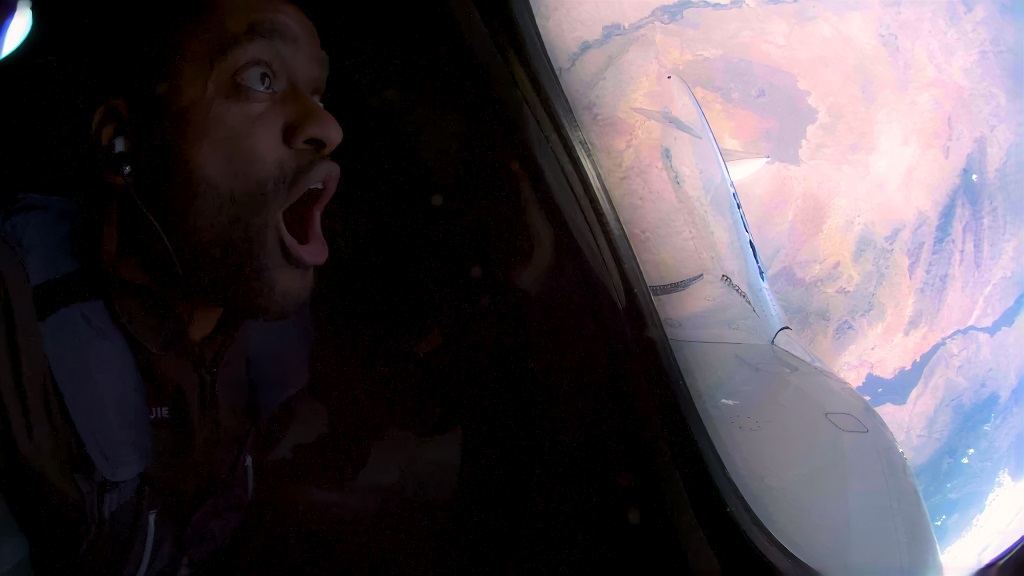 Christopher Huie, the son of Jamaican immigrants, reacts during his first space flight aboard Unity 25 on May 25. (Photo: Virgin Galactic)