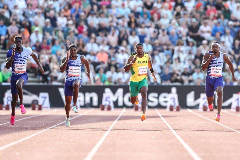 (From left) Britain's Reece Prescod, USA's Marvin Bracy-Williams, Jamaica's Yohan Blake and Canada's Aaron Brown compete during the men's 100m race of the 42nd edition of the FBK Games, in Hengelo, the Netherlands, on June 4, 2023.