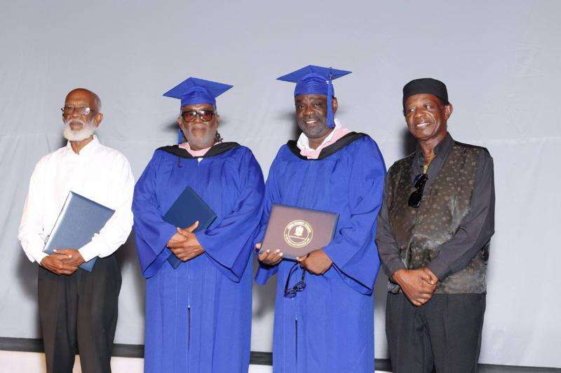 From left: Mickey Hanson, saxophone player Dean Fraser, studio engineer Stephen Stewart, and Barry Bailey at the graduation ceremony held at Edna Manley College of the Visual and Performing Arts in St Andrew on Saturday. (Photos: Bryan's Studio Ltd)