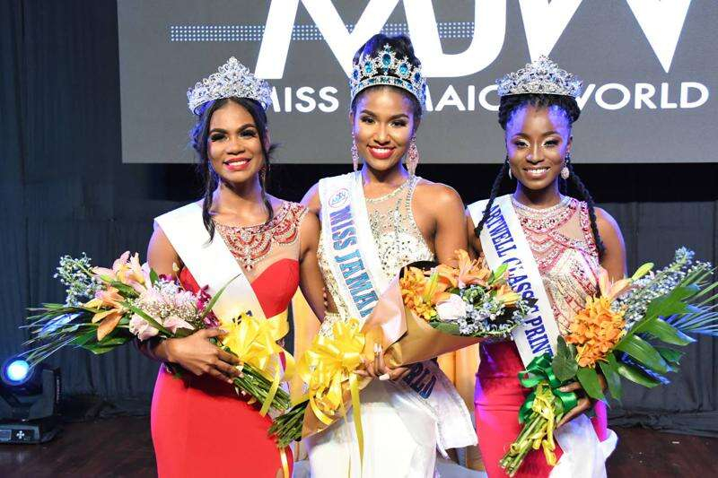 Shanique Singh (centre), Miss Jamaica World 2022, is flanked by Lineisha Davis (left), first runner-up, and Tahje Bennett, second runner-up, at the competition's grand coronation at the Courtleigh Auditorium in New Kingston on Sunday night.
