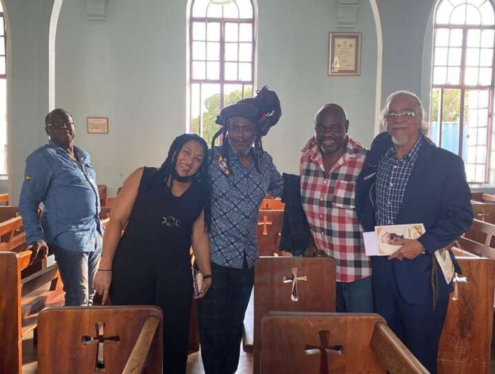 (From left) Keyboardist Bowie McLaughlin, Donna Reid from duo Althea & Donna, singer David Hinds, engineer/producer Delroy Fatta Pottinger, and impresario Tommy Cowan at the funeral of Wailers keyboardist Tyrone Downie held at the Kingston College Chapel on North Street recently.