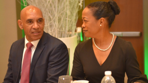 Police Commissioner, Major General Antony Anderson (left), converses with Chief of Defence Staff, Rear Admiral Antonette Wemyss Gorman, during the national security seminar hosted by the Office of the National Security Advisor, at the AC Marriott Hotel Kingston on (January 12). (JIS)