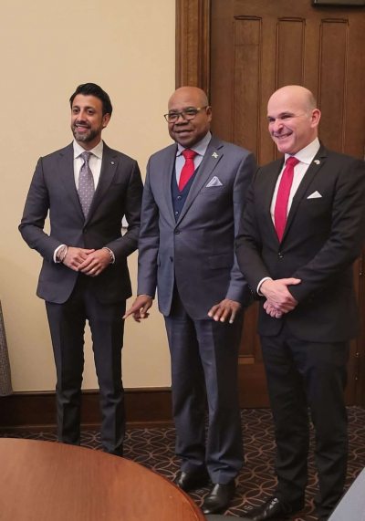 Minister of Tourism, Edmund Bartlett (centre) with his Canadian counterpart, Randy Boissonnault (right), Canada’s Minister of Tourism, and Canadian Parliamentary Secretary to the Minister of Foreign Affairs, Maninder Sidhu following a meeting on Thursday on Parliament Hill in Ottawa, Canada.