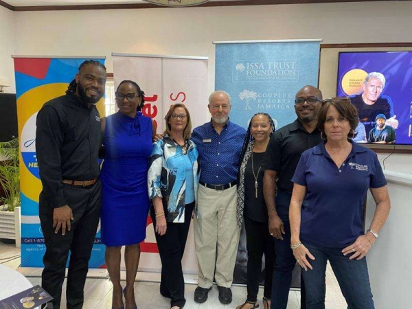 From left: Brand manager, Digicel Business, Chevon Lewis; director for corporate and government relations, Digicel Business, Joy Clark; wife of Paul Issa, Oriente Davila Issa; chairman, Issa Trust Foundation, Paul Issa; CEO Jamaica Arts Holdings, Andrea Davis; marketing and special projects supervisor, broadcast media, RJRGleaner Communications Group, Nicarno Williams; and Alex Ghisays, pose for a photo at the official media launch of An evening with Michael Bolton at Couples Sans Souci in Ocho Rios on Tuesday.