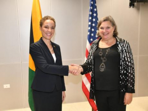 Minister of Foreign Affairs and Foreign Trade, Kamina Johnson Smith (left), greets United States Under Secretary of State for Political Affairs, Ambassador Victoria Nuland, during a recent courtesy call at the Ministry in Kingston