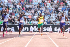 (From left) Britain&#039;s Reece Prescod, USA&#039;s Marvin Bracy-Williams, Jamaica&#039;s Yohan Blake and Canada&#039;s Aaron Brown compete during the men&#039;s 100m race of the 42nd edition of the FBK Games, in Hengelo, the Netherlands, on June 4, 2023.